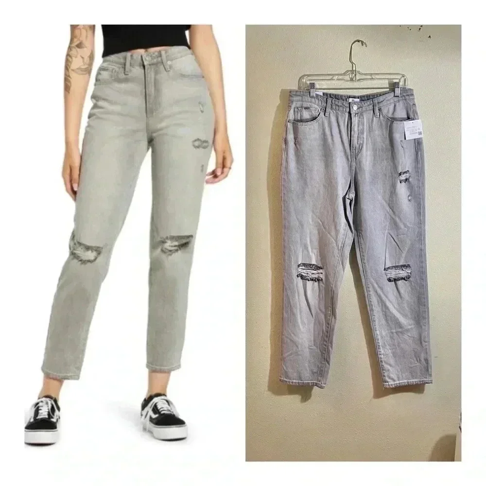 BP Mom Jeans Size 33 High Rise Distressed Gray Washed No Stretch Denim NEW